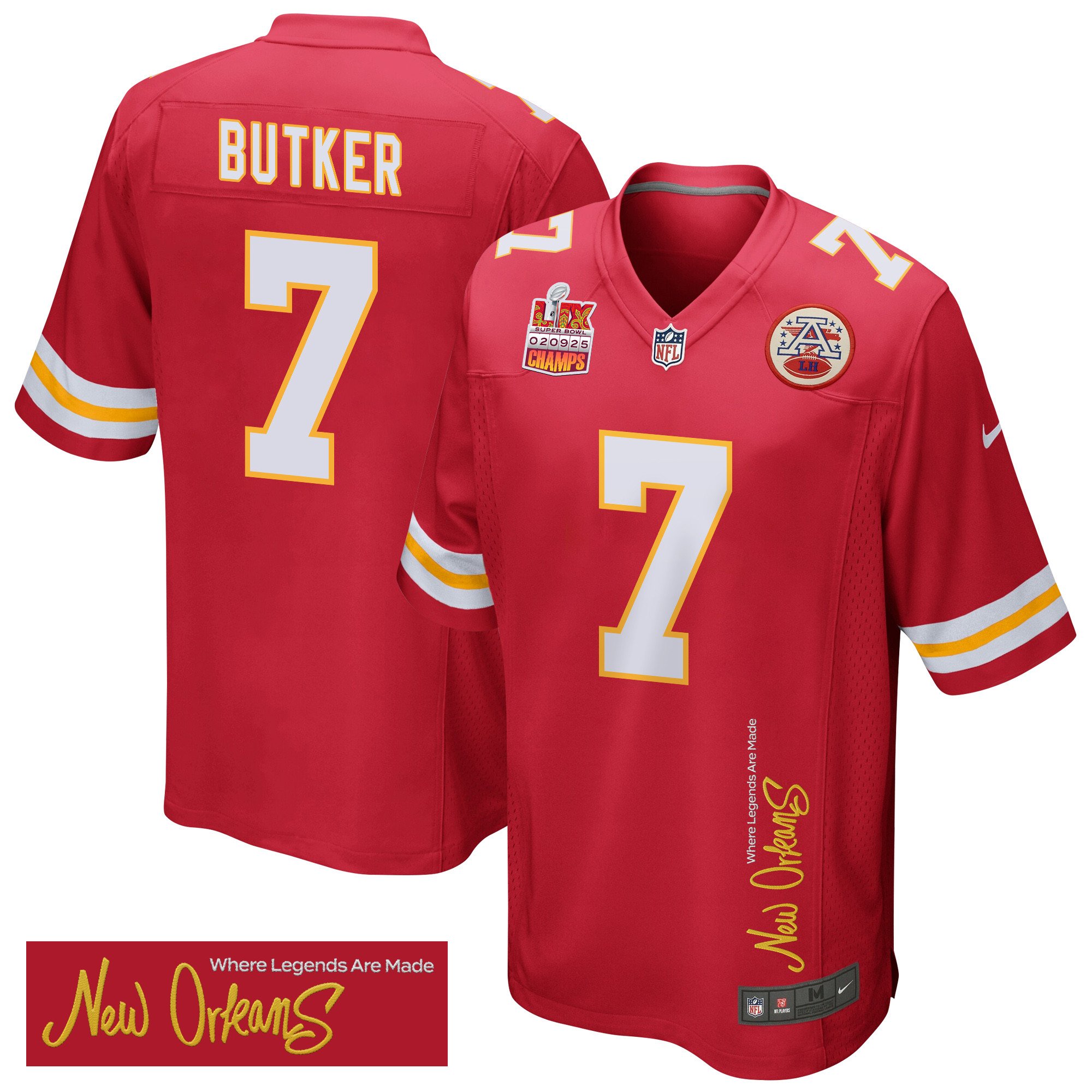 Harrison Butker 7 Kansas City Chiefs Super Bowl LIX Champions Patch 'New Orleans - Where Legends Are Made' EMBROIDERED Game Men Jersey - Red JS2312 nicesnker