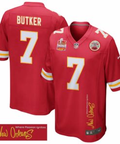Harrison Butker 7 Kansas City Chiefs Super Bowl LIX Champions Patch 'New Orleans - Where Passion Ignites' EMBROIDERED Game Men Jersey - Red JS2231 nicesnker