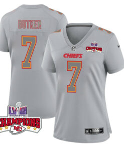Harrison Butker 7 Kansas City Chiefs Super Bowl LVIII Champions 4 Stars Patch Atmosphere Fashion Game Women Jersey - Gray JS9561 nicesnker