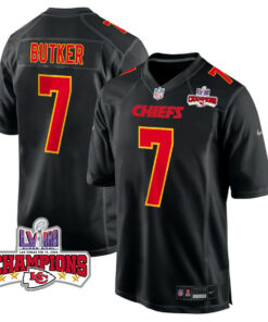 Harrison Butker 7 Kansas City Chiefs Super Bowl LVIII Champions 4 Stars Patch Fashion Game Men Jersey - Carbon Black JS4076 nicesnker