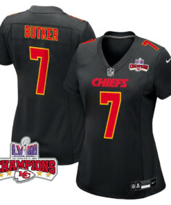 Harrison Butker 7 Kansas City Chiefs Super Bowl LVIII Champions 4 Stars Patch Fashion Game Women Jersey - Carbon Black JS1245 nicesnker