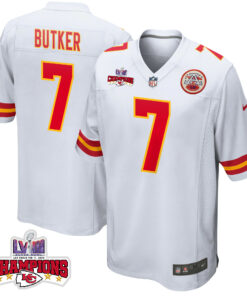 Harrison Butker 7 Kansas City Chiefs Super Bowl LVIII Champions 4 Stars Patch Game Men Jersey - White JS6931 nicesnker