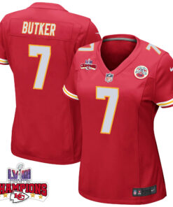 Harrison Butker 7 Kansas City Chiefs Super Bowl LVIII Champions 4 Stars Patch Game Women Jersey - Red JS7022 nicesnker