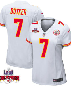 Harrison Butker 7 Kansas City Chiefs Super Bowl LVIII Champions 4 Stars Patch Game Women Jersey - White JS4521 nicesnker