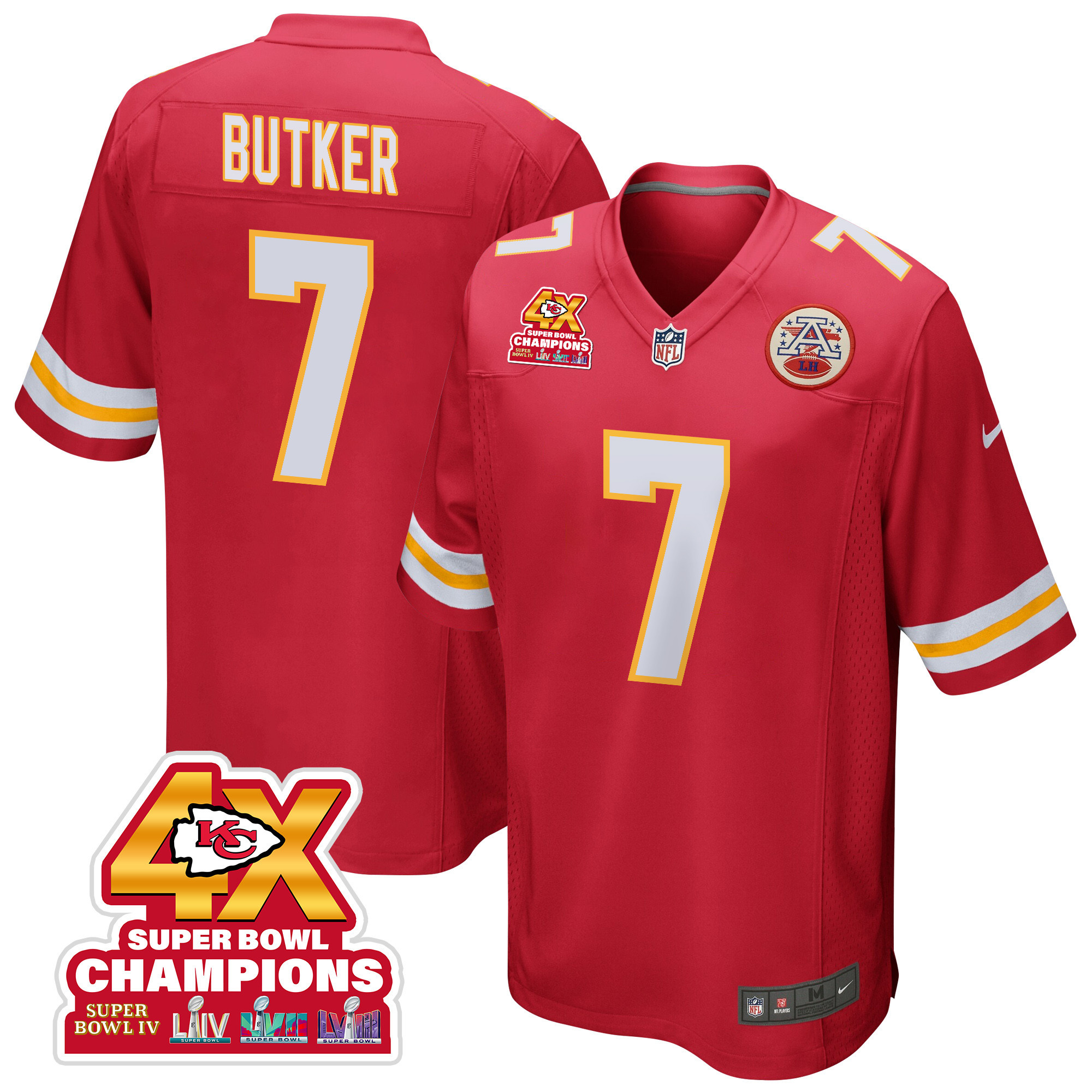 Harrison Butker 7 Kansas City Chiefs Super Bowl LVIII Champions 4X Game Men Jersey - Red JS6783 nicesnker
