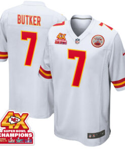 Harrison Butker 7 Kansas City Chiefs Super Bowl LVIII Champions 4X Game Men Jersey - White JS2195 nicesnker