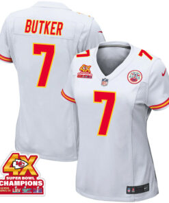 Harrison Butker 7 Kansas City Chiefs Super Bowl LVIII Champions 4X Game Women Jersey - White JS1913 nicesnker