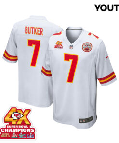 Harrison Butker 7 Kansas City Chiefs Super Bowl LVIII Champions 4X Game YOUTH Jersey - White JS1860 nicesnker