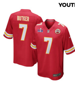Harrison Butker 7 Kansas City Chiefs Super Bowl LVIII Patch Game YOUTH Jersey - Red JS1616 nicesnker