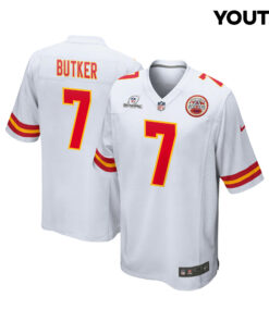 Harrison Butker 7 Kansas City Chiefs Super Bowl LVIII Patch Game YOUTH Jersey - White JS2829 nicesnker