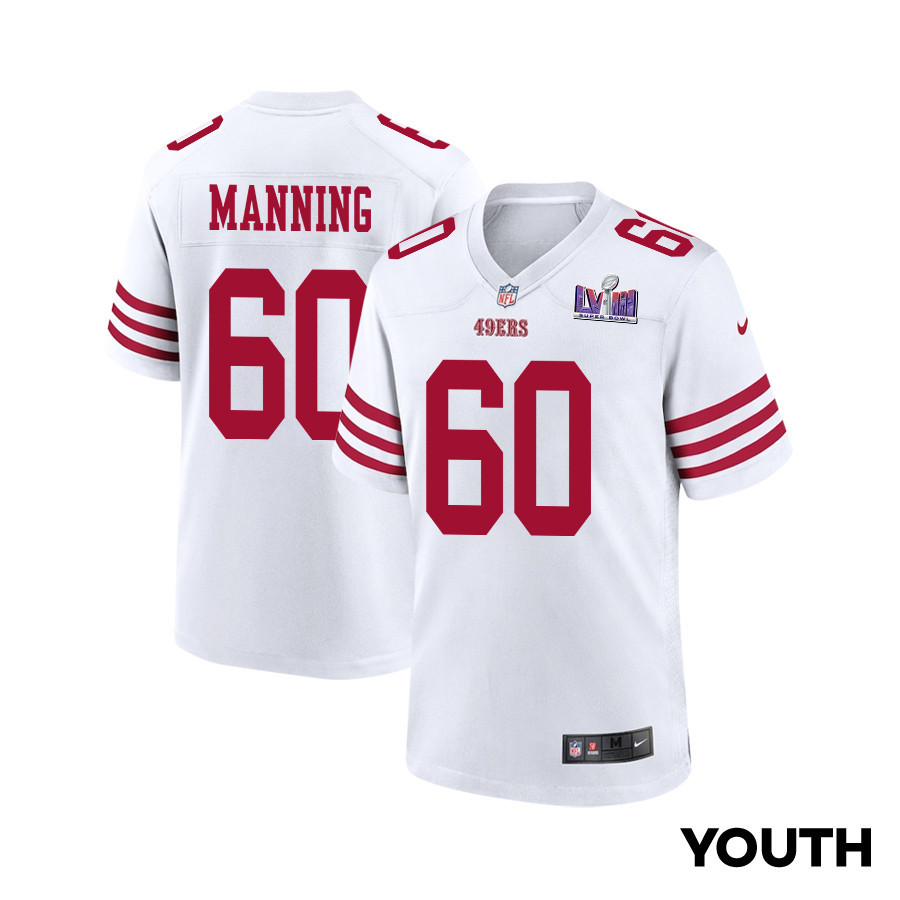 Ilm Manning 60 San Francisco 49ers Super Bowl LVIII Patch Game YOUTH Jersey - White JS6709 nicesnker
