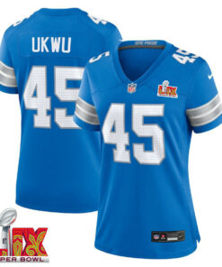 Isaac Ukwu #45 Detroit Lions Super Bowl LIX Women's Jersey - Blue JS5208 nicesnker