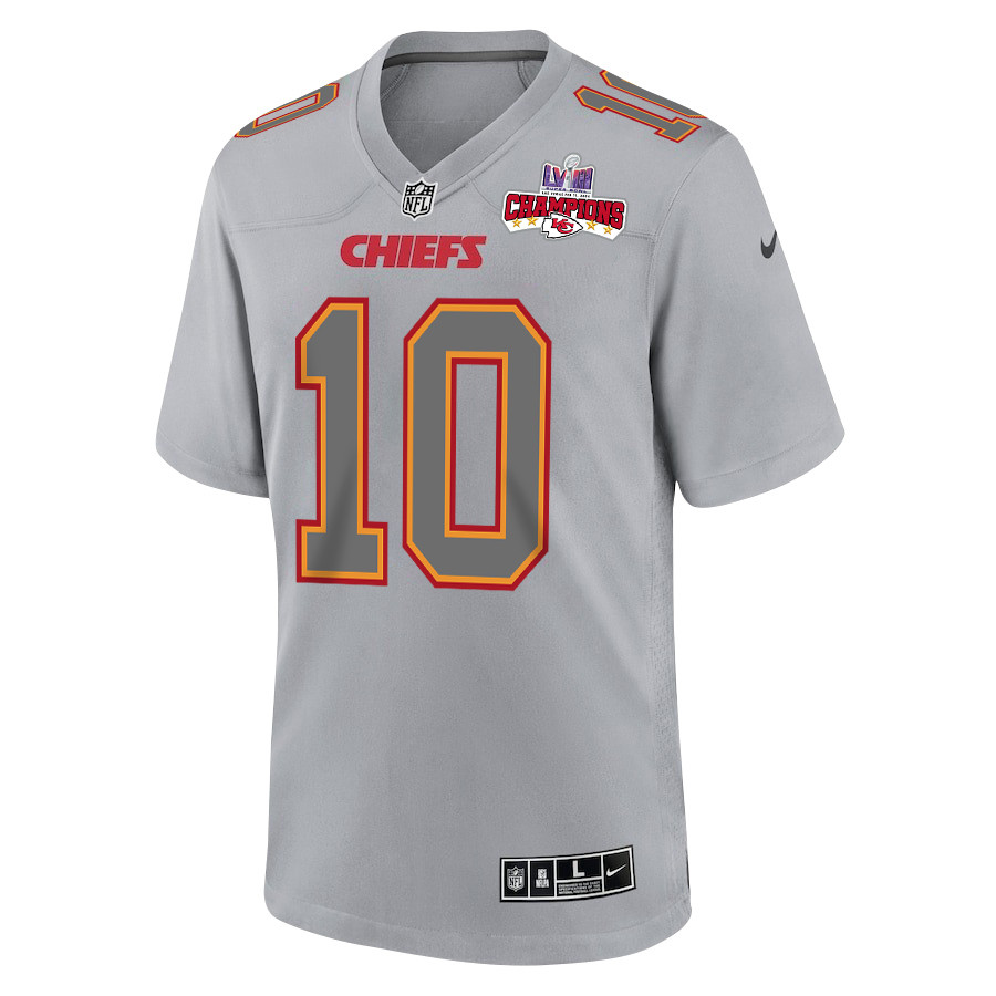 Isiah Pacheco 10 Kansas City Chiefs Super Bowl LVIII Champions 4 Stars Patch Atmosphere Fashion Game Men Jersey - Gray JS1644 nicesnker - Image 2
