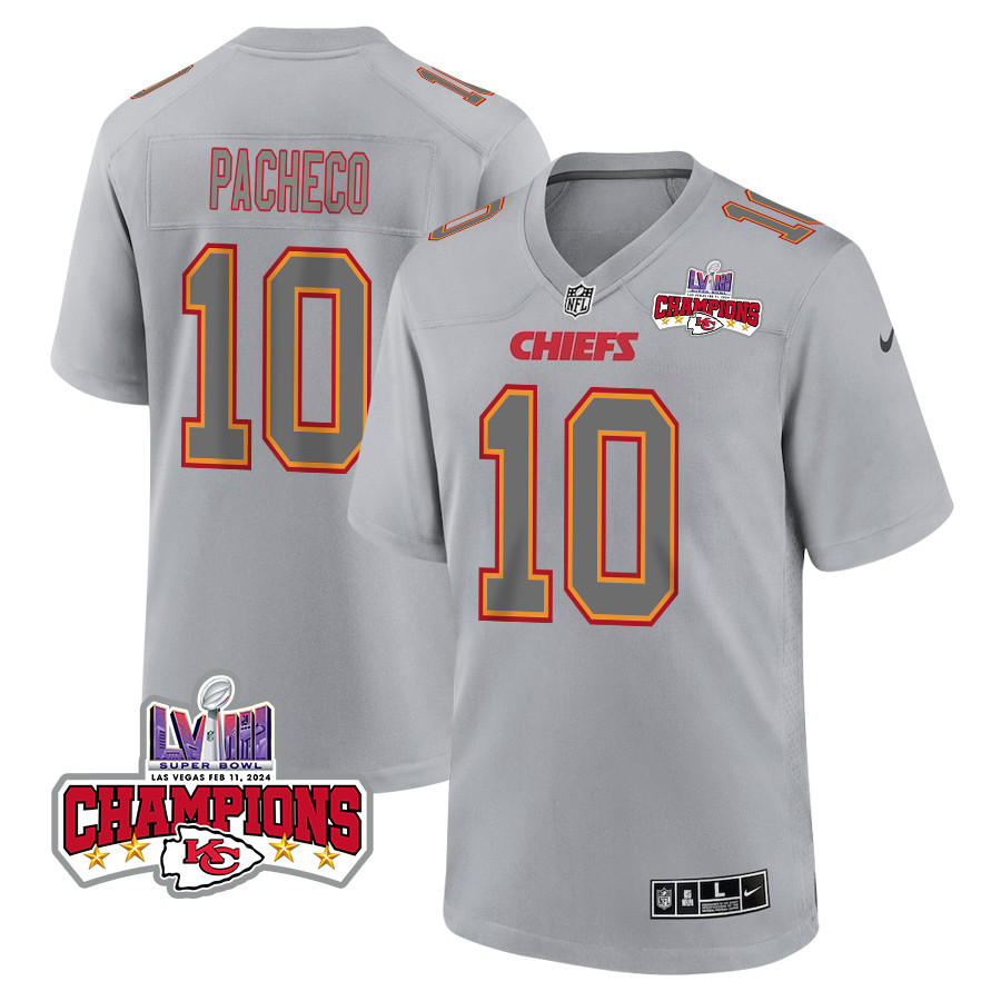 Isiah Pacheco 10 Kansas City Chiefs Super Bowl LVIII Champions 4 Stars Patch Atmosphere Fashion Game Men Jersey - Gray JS1644 nicesnker