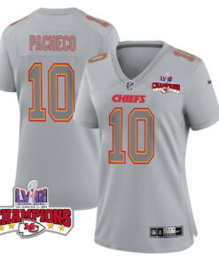 Isiah Pacheco 10 Kansas City Chiefs Super Bowl LVIII Champions 4 Stars Patch Atmosphere Fashion Game Women Jersey - Gray JS2770 nicesnker