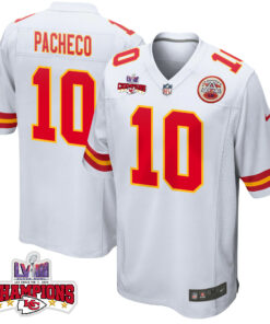Isiah Pacheco 10 Kansas City Chiefs Super Bowl LVIII Champions 4 Stars Patch Game Men Jersey - White JS2834 nicesnker