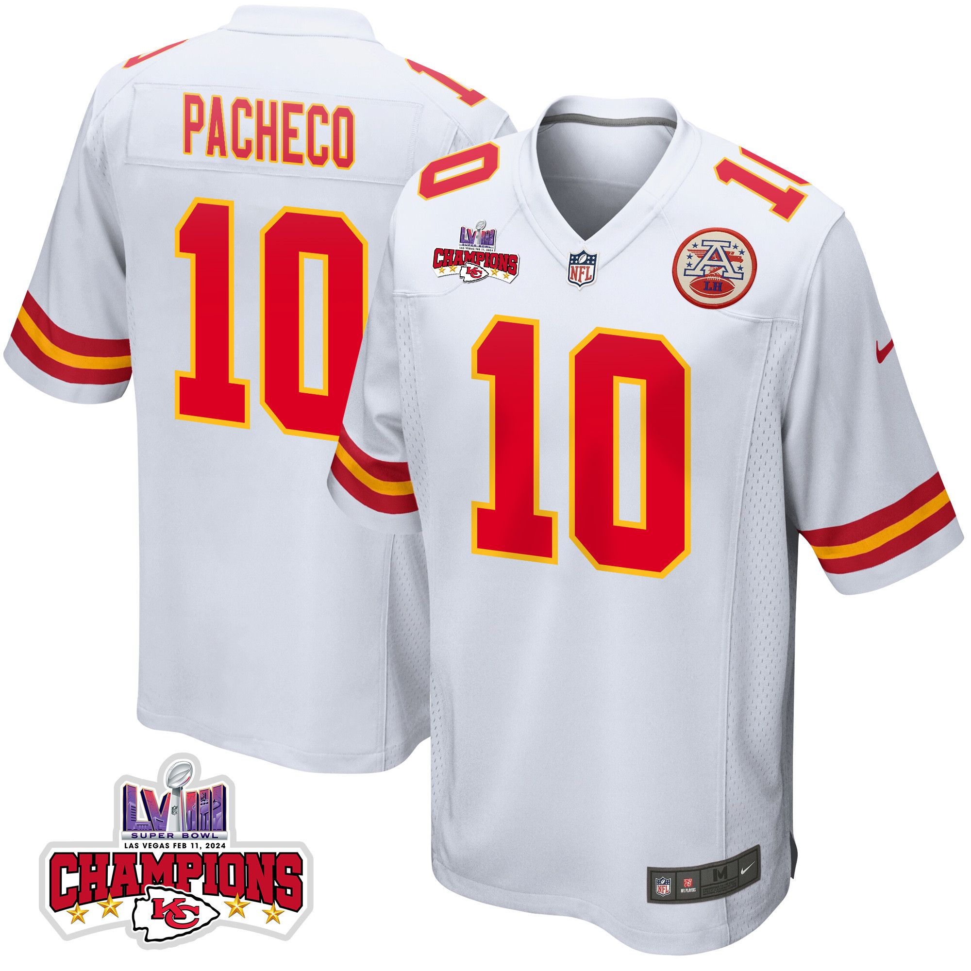 Isiah Pacheco 10 Kansas City Chiefs Super Bowl LVIII Champions 4 Stars Patch Game Men Jersey - White JS2834 nicesnker