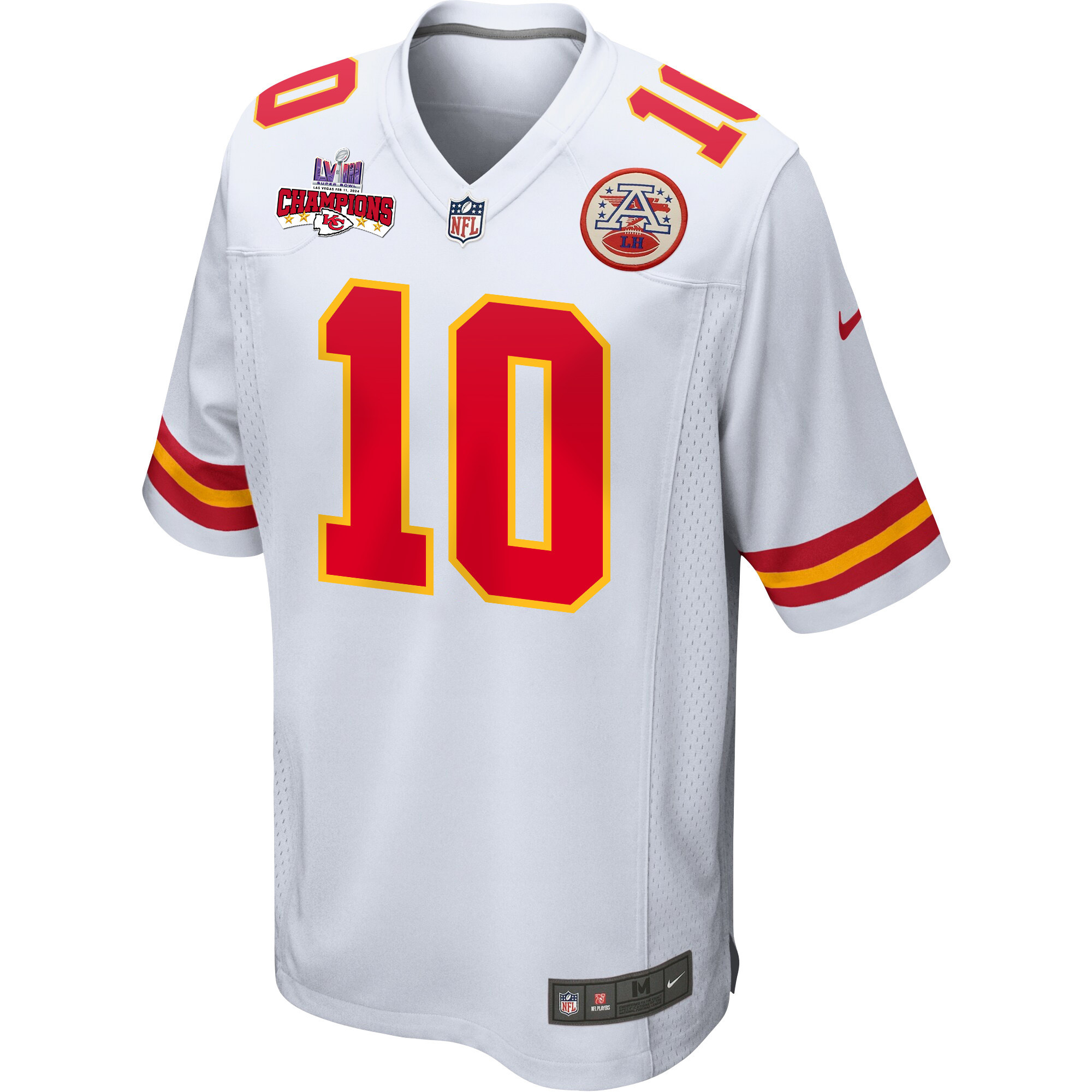 Isiah Pacheco 10 Kansas City Chiefs Super Bowl LVIII Champions 4 Stars Patch Game Men Jersey - White JS2834 nicesnker - Image 2