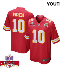Isiah Pacheco 10 Kansas City Chiefs Super Bowl LVIII Champions 4 Stars Patch Game YOUTH Jersey - Red JS8724 nicesnker