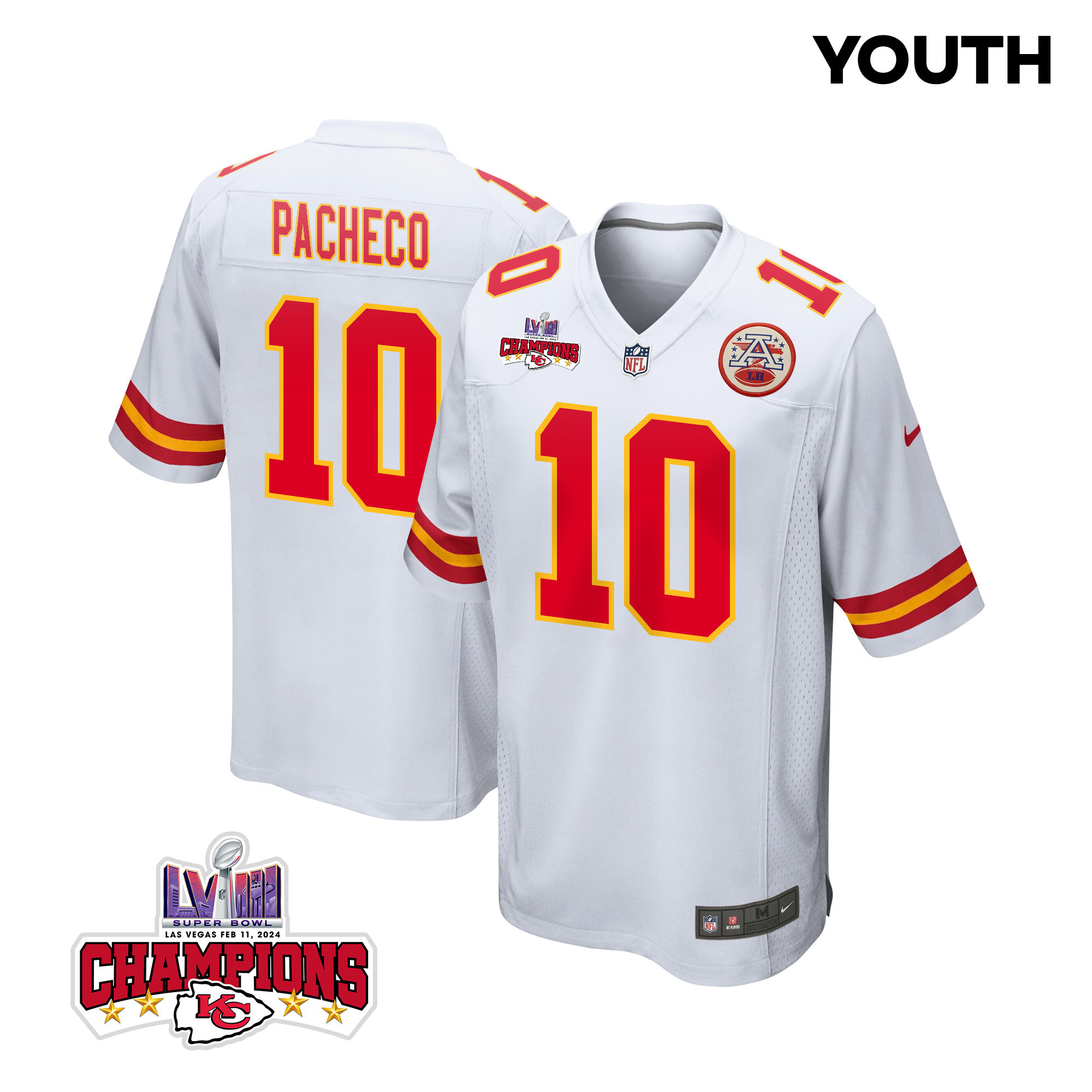 Isiah Pacheco 10 Kansas City Chiefs Super Bowl LVIII Champions 4 Stars Patch Game YOUTH Jersey - White JS3854 nicesnker