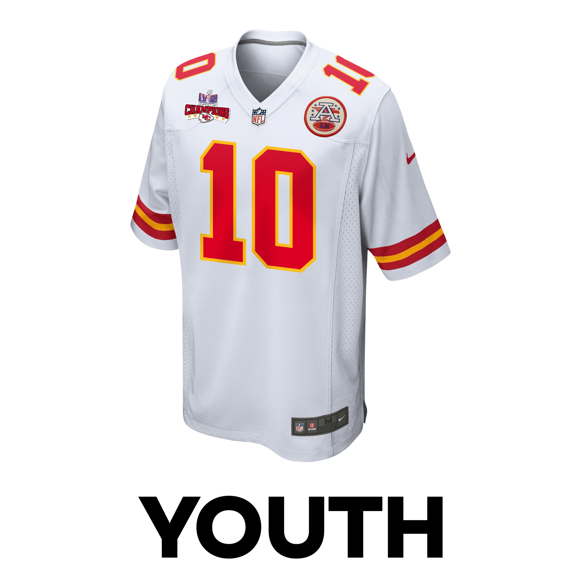 Isiah Pacheco 10 Kansas City Chiefs Super Bowl LVIII Champions 4 Stars Patch Game YOUTH Jersey - White JS3854 nicesnker - Image 2
