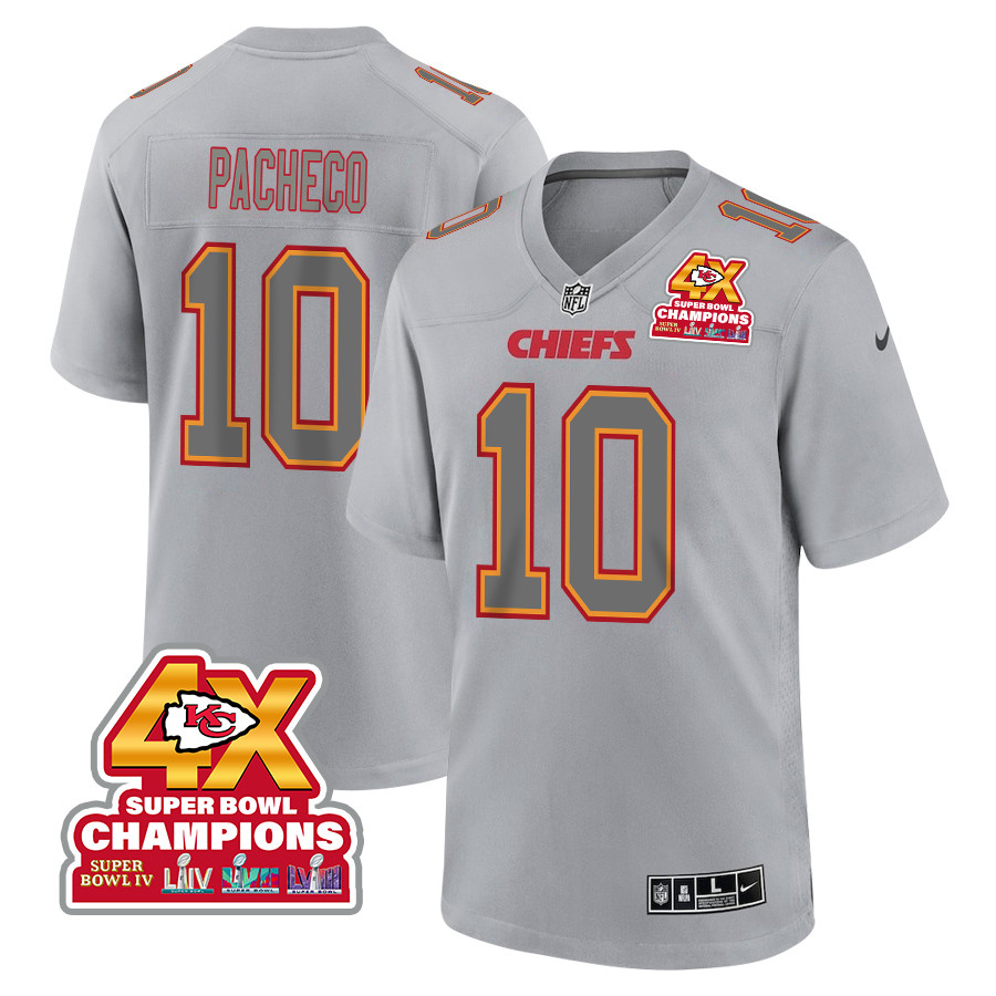 Isiah Pacheco 10 Kansas City Chiefs Super Bowl LVIII Champions 4X Atmosphere Fashion Game Men Jersey - Gray JS1148 nicesnker
