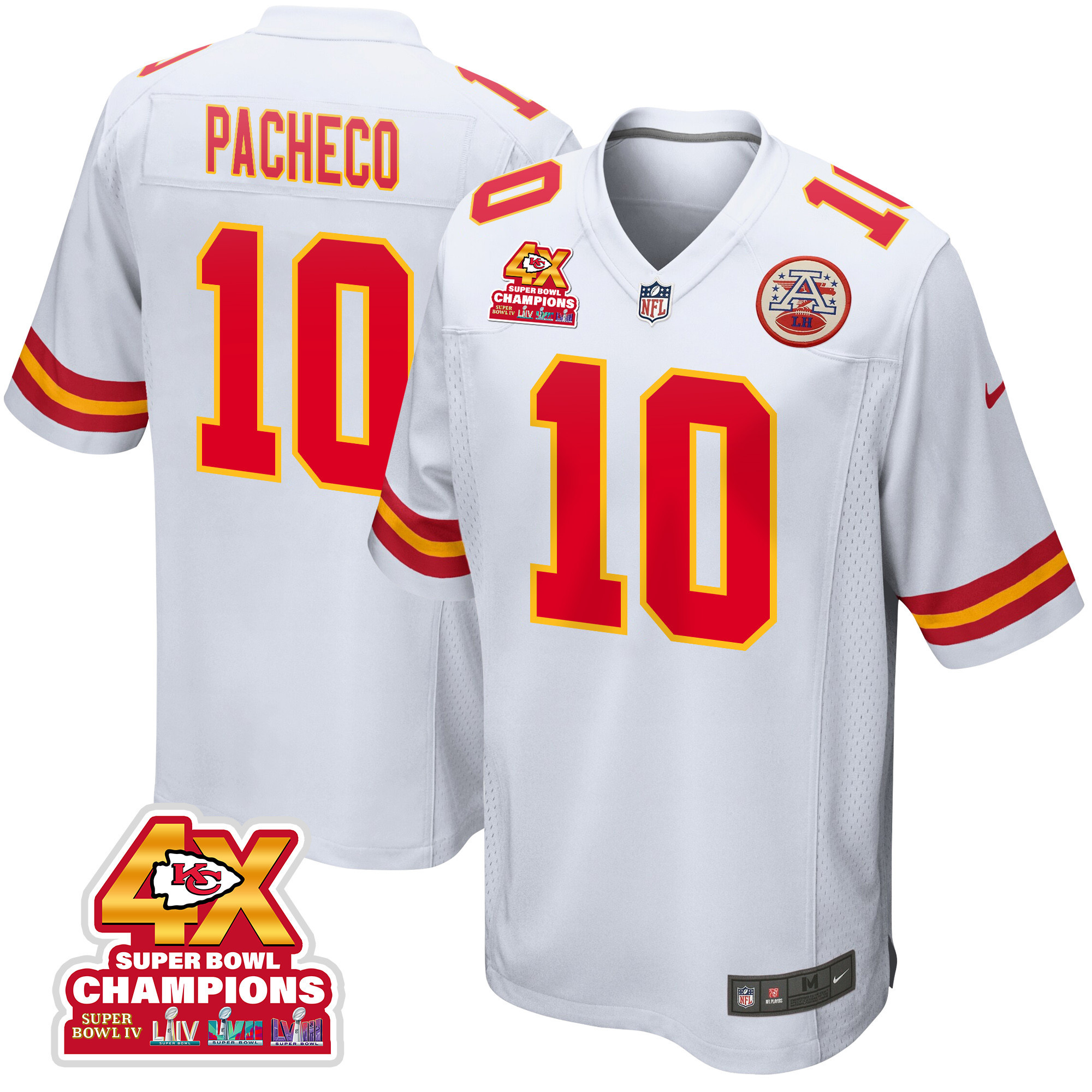 Isiah Pacheco 10 Kansas City Chiefs Super Bowl LVIII Champions 4X Game Men Jersey - White JS6237 nicesnker