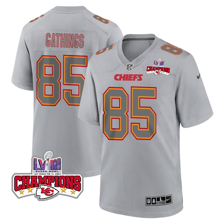Izaiah Gathings 85 Kansas City Chiefs Super Bowl LVIII Champions 4 Stars Patch Atmosphere Fashion Game Men Jersey - Gray JS8500 nicesnker