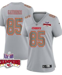 Izaiah Gathings 85 Kansas City Chiefs Super Bowl LVIII Champions 4 Stars Patch Atmosphere Fashion Game Women Jersey - Gray JS2576 nicesnker