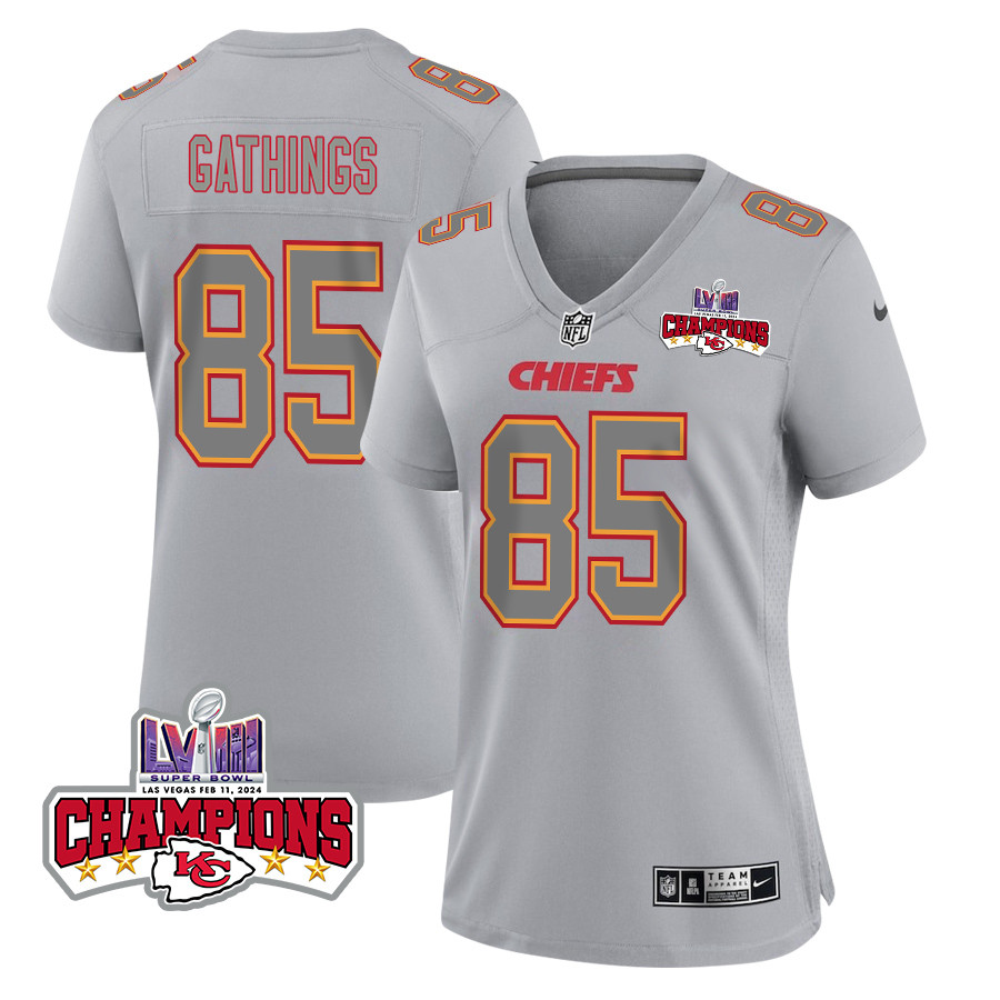Izaiah Gathings 85 Kansas City Chiefs Super Bowl LVIII Champions 4 Stars Patch Atmosphere Fashion Game Women Jersey - Gray JS2576 nicesnker