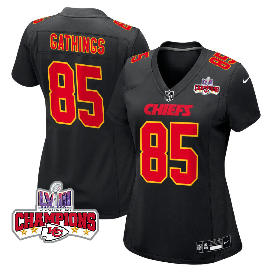 Izaiah Gathings 85 Kansas City Chiefs Super Bowl LVIII Champions 4 Stars Patch Fashion Game Women Jersey - Carbon Black JS8789 nicesnker