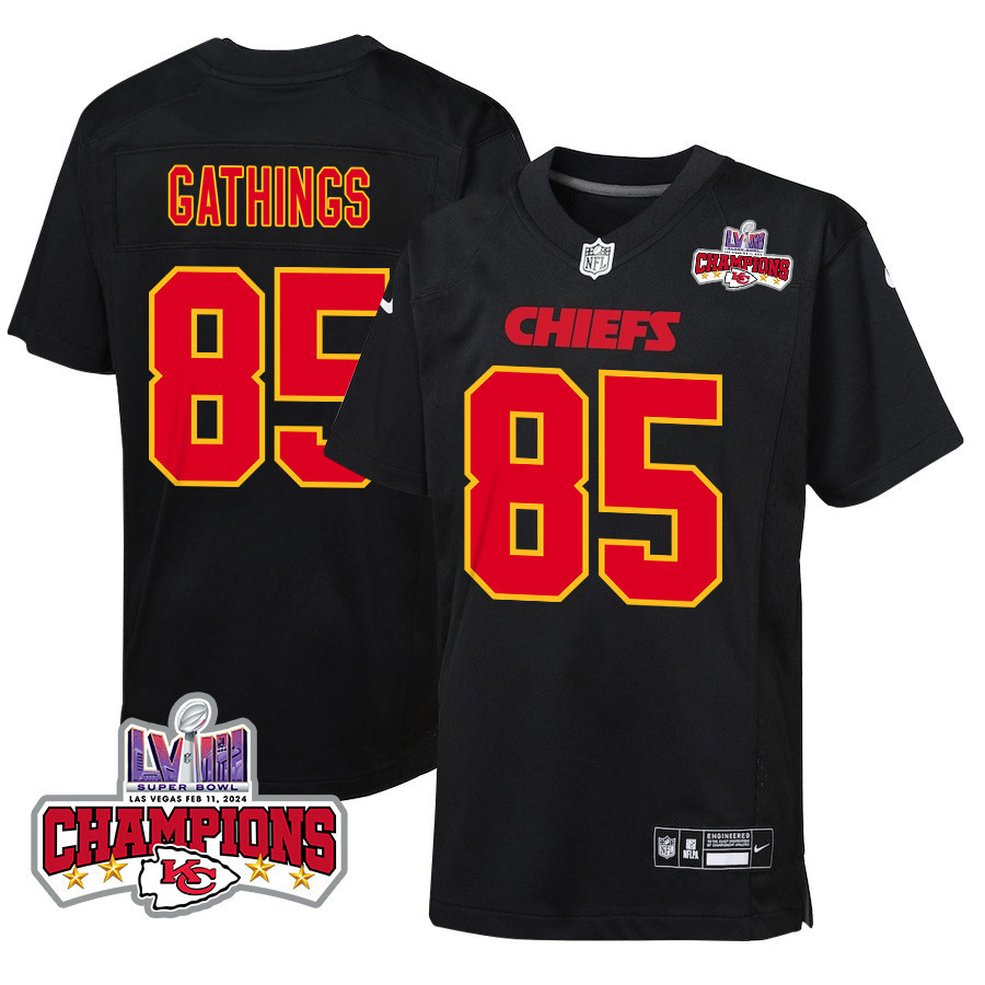 Izaiah Gathings 85 Kansas City Chiefs Super Bowl LVIII Champions 4 Stars Patch Fashion Game YOUTH Jersey - Carbon Black JS8055 nicesnker