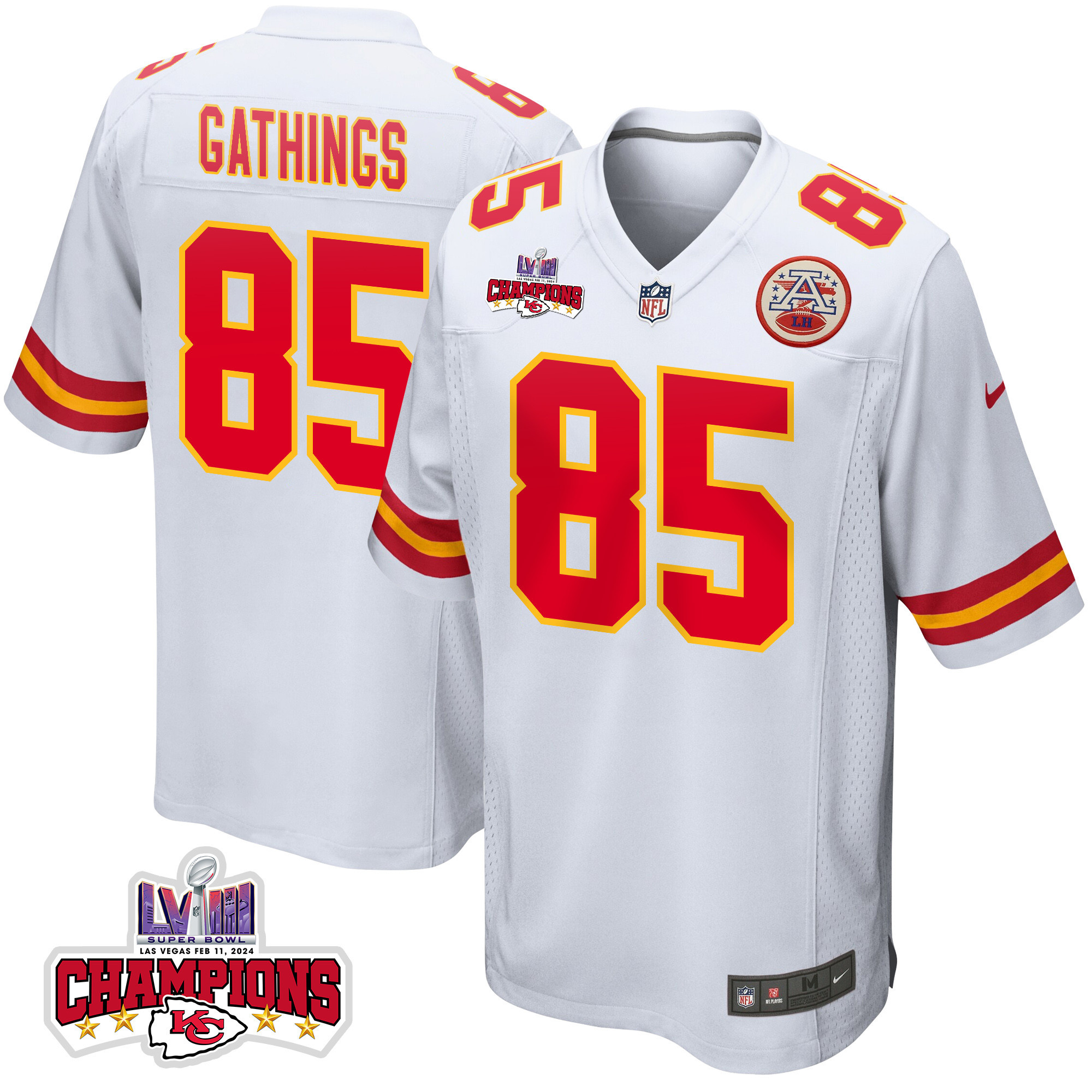 Izaiah Gathings 85 Kansas City Chiefs Super Bowl LVIII Champions 4 Stars Patch Game Men Jersey - White JS7137 nicesnker