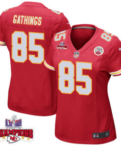 Izaiah Gathings 85 Kansas City Chiefs Super Bowl LVIII Champions 4 Stars Patch Game Women Jersey - Red JS2684 nicesnker
