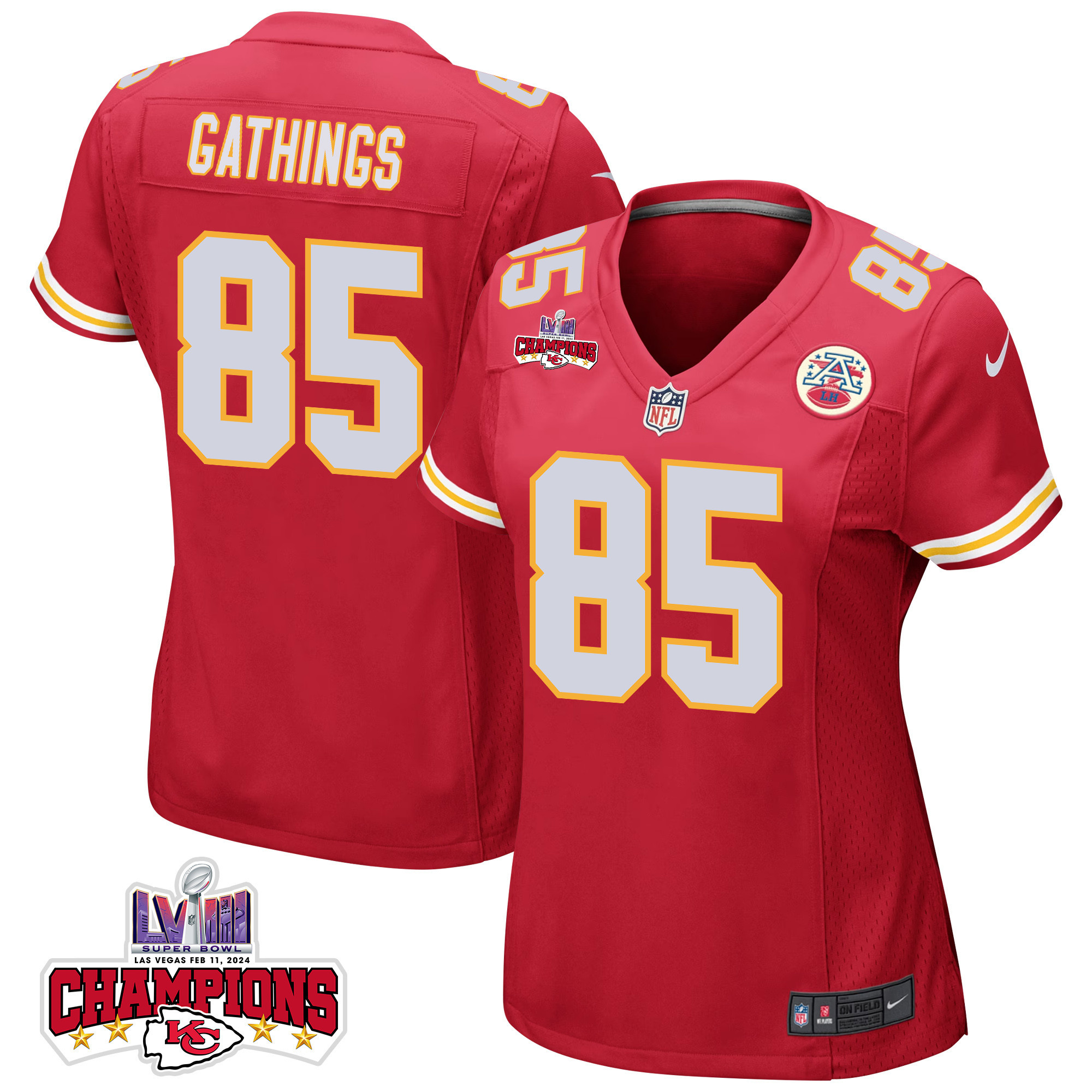 Izaiah Gathings 85 Kansas City Chiefs Super Bowl LVIII Champions 4 Stars Patch Game Women Jersey - Red JS2684 nicesnker