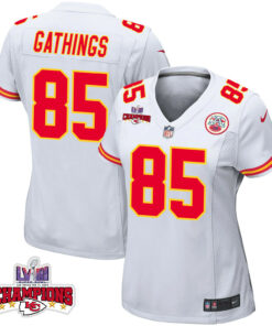 Izaiah Gathings 85 Kansas City Chiefs Super Bowl LVIII Champions 4 Stars Patch Game Women Jersey - White JS5050 nicesnker