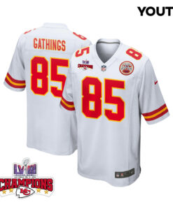 Izaiah Gathings 85 Kansas City Chiefs Super Bowl LVIII Champions 4 Stars Patch Game YOUTH Jersey - White JS1416 nicesnker