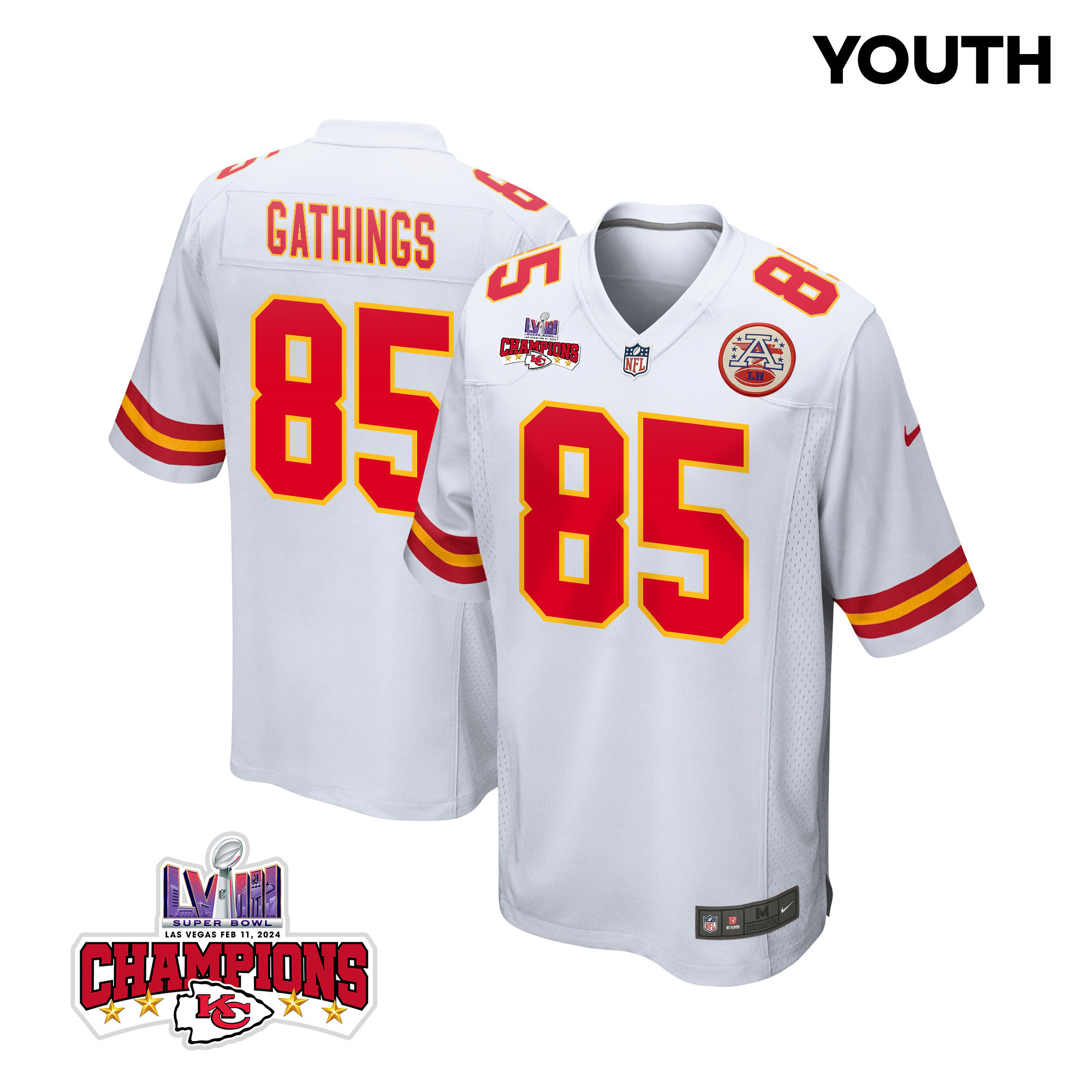 Izaiah Gathings 85 Kansas City Chiefs Super Bowl LVIII Champions 4 Stars Patch Game YOUTH Jersey - White JS1416 nicesnker