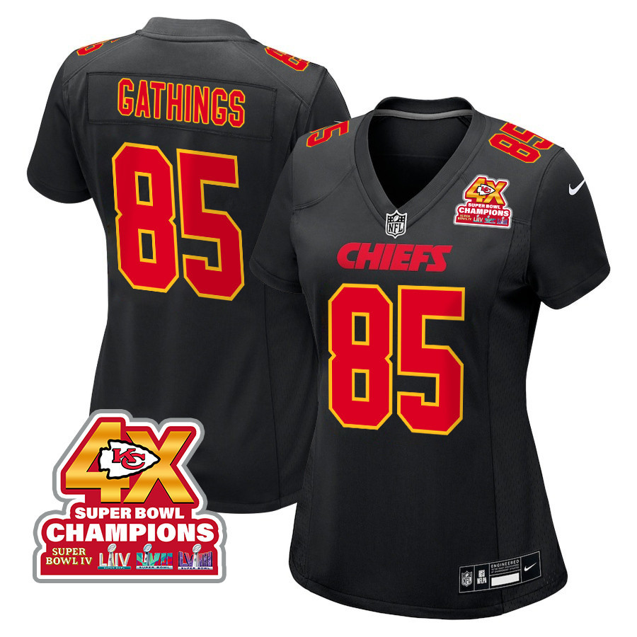 Izaiah Gathings 85 Kansas City Chiefs Super Bowl LVIII Champions 4X Fashion Game Women Jersey - Carbon Black JS3954 nicesnker