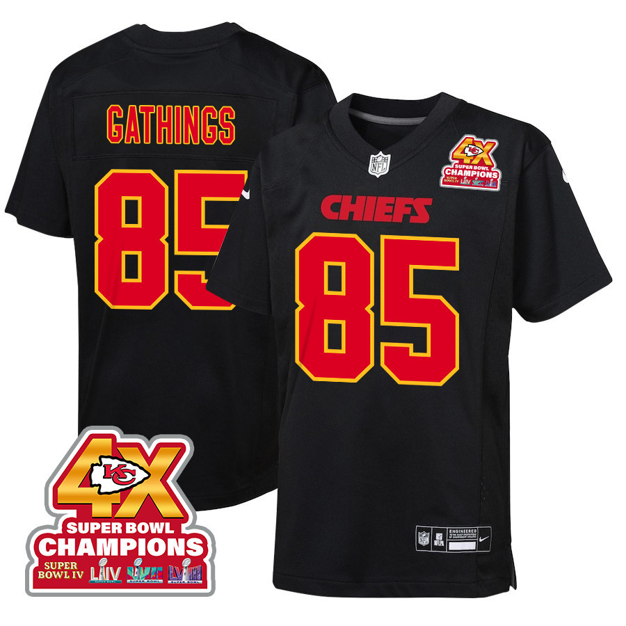 Izaiah Gathings 85 Kansas City Chiefs Super Bowl LVIII Champions 4X Fashion Game YOUTH Jersey - Carbon Black JS1552 nicesnker