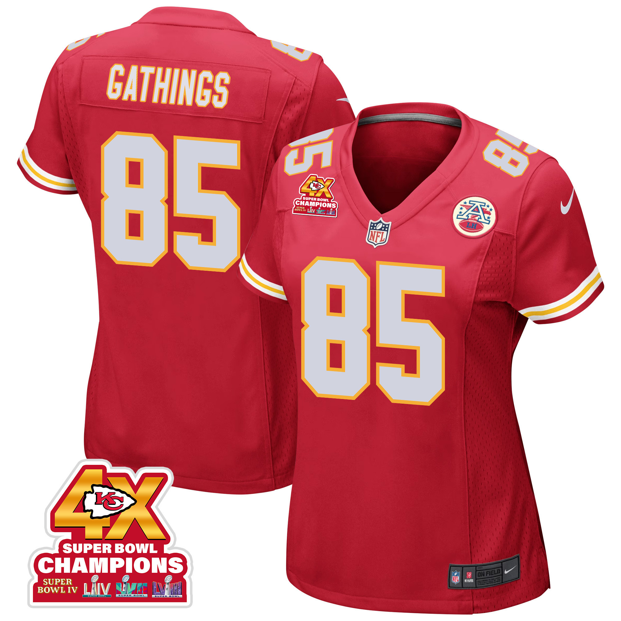 Izaiah Gathings 85 Kansas City Chiefs Super Bowl LVIII Champions 4X Game Women Jersey - Red JS1760 nicesnker