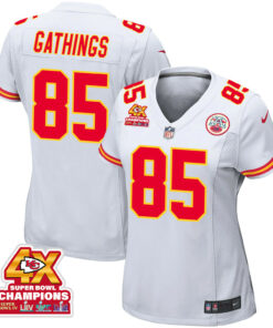 Izaiah Gathings 85 Kansas City Chiefs Super Bowl LVIII Champions 4X Game Women Jersey - White JS2081 nicesnker