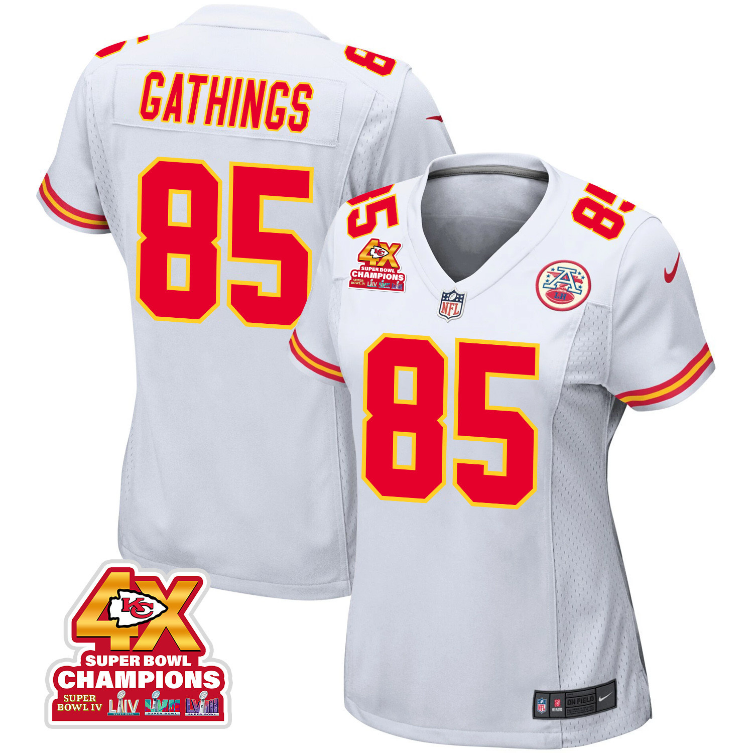 Izaiah Gathings 85 Kansas City Chiefs Super Bowl LVIII Champions 4X Game Women Jersey - White JS2081 nicesnker