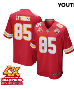 Izaiah Gathings 85 Kansas City Chiefs Super Bowl LVIII Champions 4X Game YOUTH Jersey - Red JS3127 nicesnker