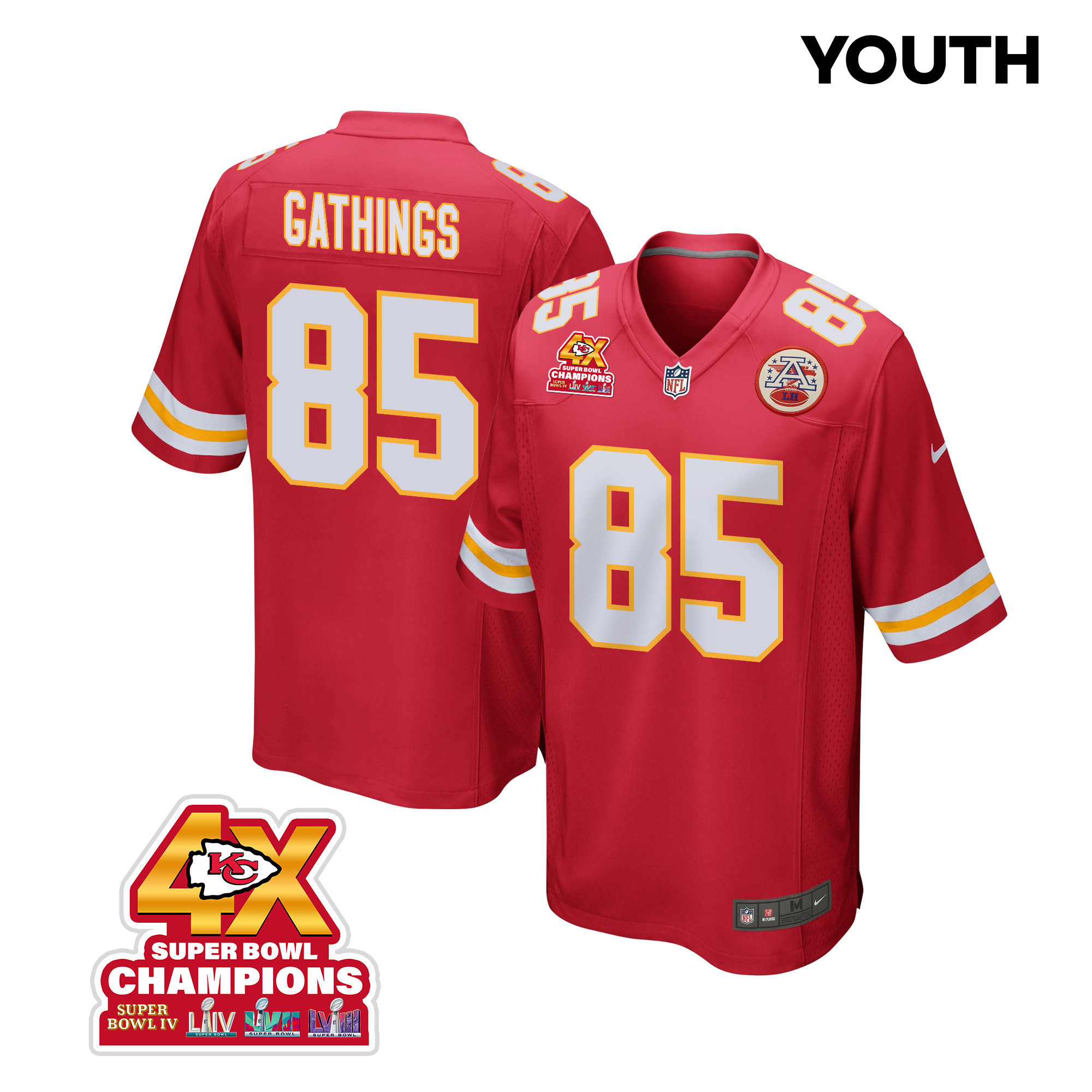 Izaiah Gathings 85 Kansas City Chiefs Super Bowl LVIII Champions 4X Game YOUTH Jersey - Red JS3127 nicesnker