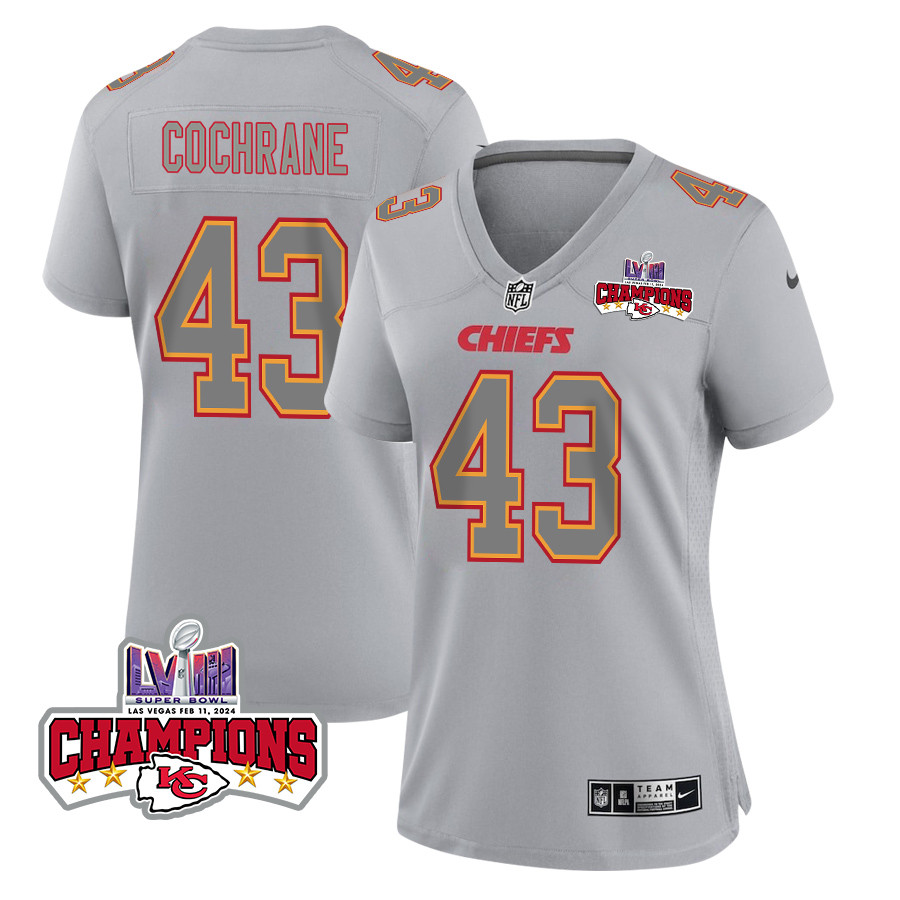 Jack Cochrane 43 Kansas City Chiefs Super Bowl LVIII Champions 4 Stars Patch Atmosphere Fashion Game Women Jersey - Gray JS2177 nicesnker