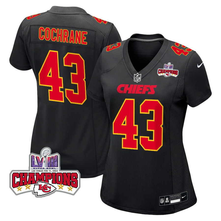 Jack Cochrane 43 Kansas City Chiefs Super Bowl LVIII Champions 4 Stars Patch Fashion Game Women Jersey - Carbon Black JS9238 nicesnker