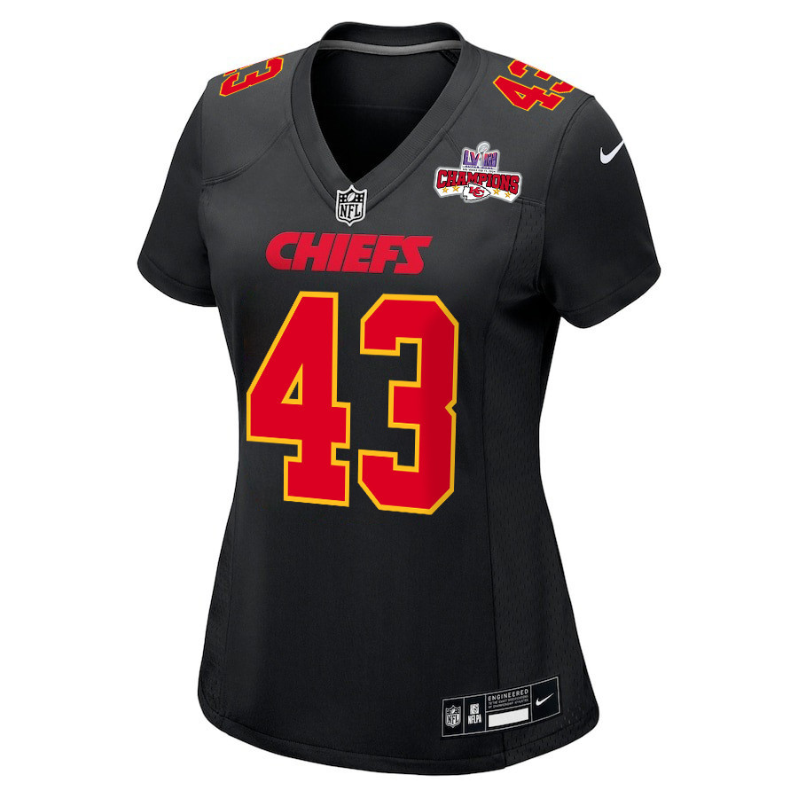 Jack Cochrane 43 Kansas City Chiefs Super Bowl LVIII Champions 4 Stars Patch Fashion Game Women Jersey - Carbon Black JS9238 nicesnker - Image 2