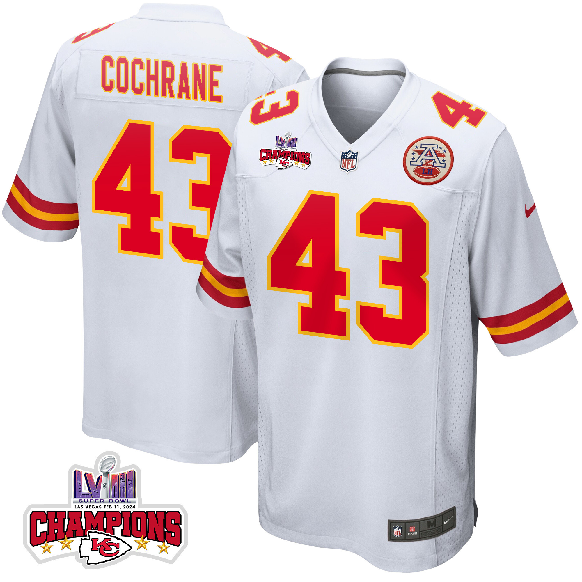 Jack Cochrane 43 Kansas City Chiefs Super Bowl LVIII Champions 4 Stars Patch Game Men Jersey - White JS2592 nicesnker