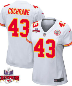 Jack Cochrane 43 Kansas City Chiefs Super Bowl LVIII Champions 4 Stars Patch Game Women Jersey - White JS1212 nicesnker